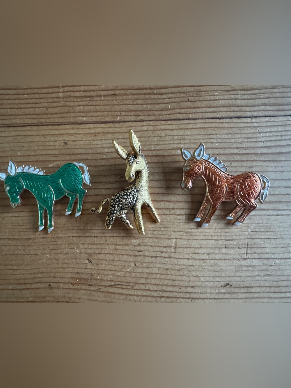 Vintage Warner Donkey Brooches Lot of 3 Green Copper Enamel Gold Democrat Pins